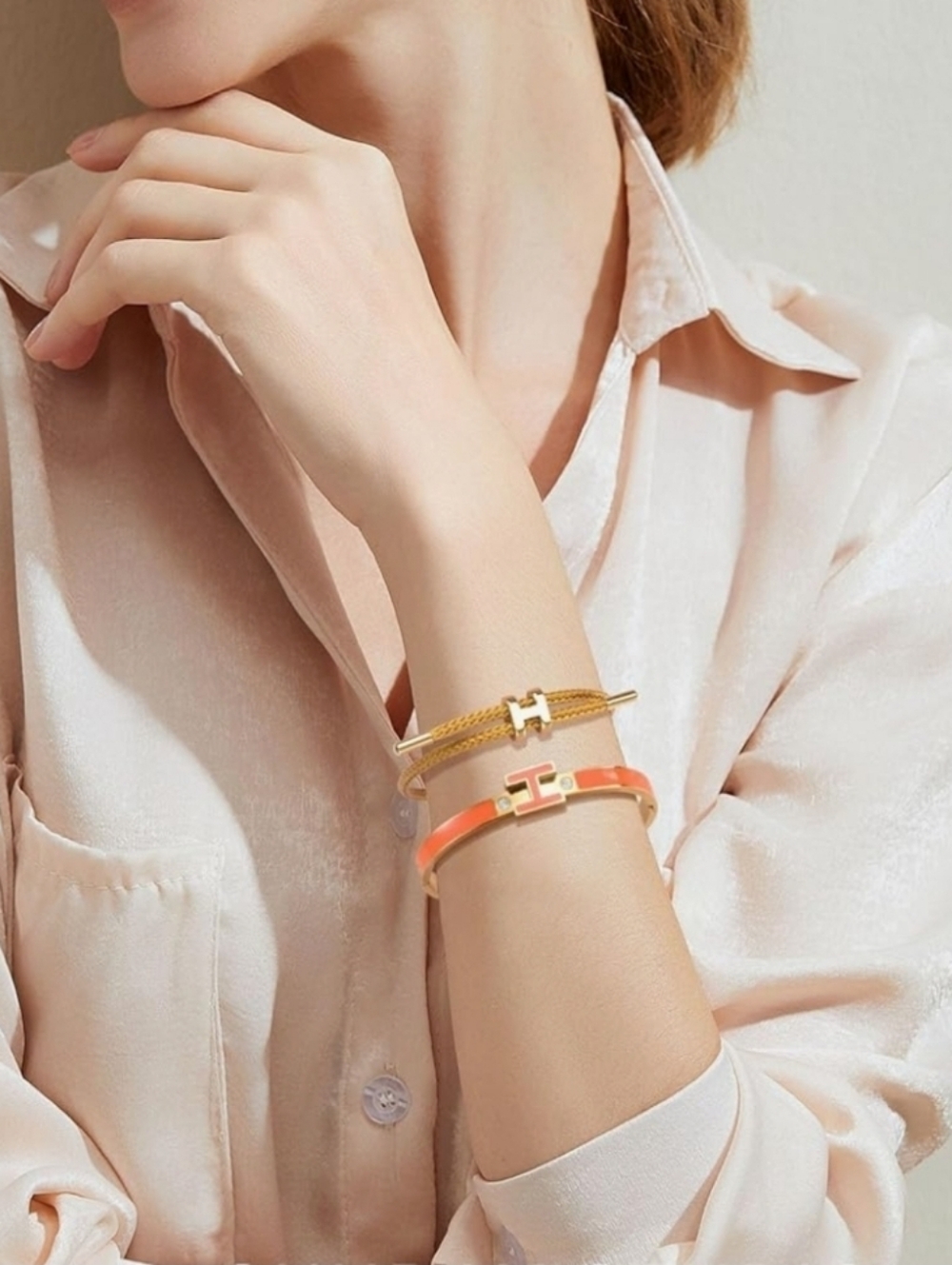 2pcs 18k Gold Plated H Bangle and H Wire Rope Bracelet Set